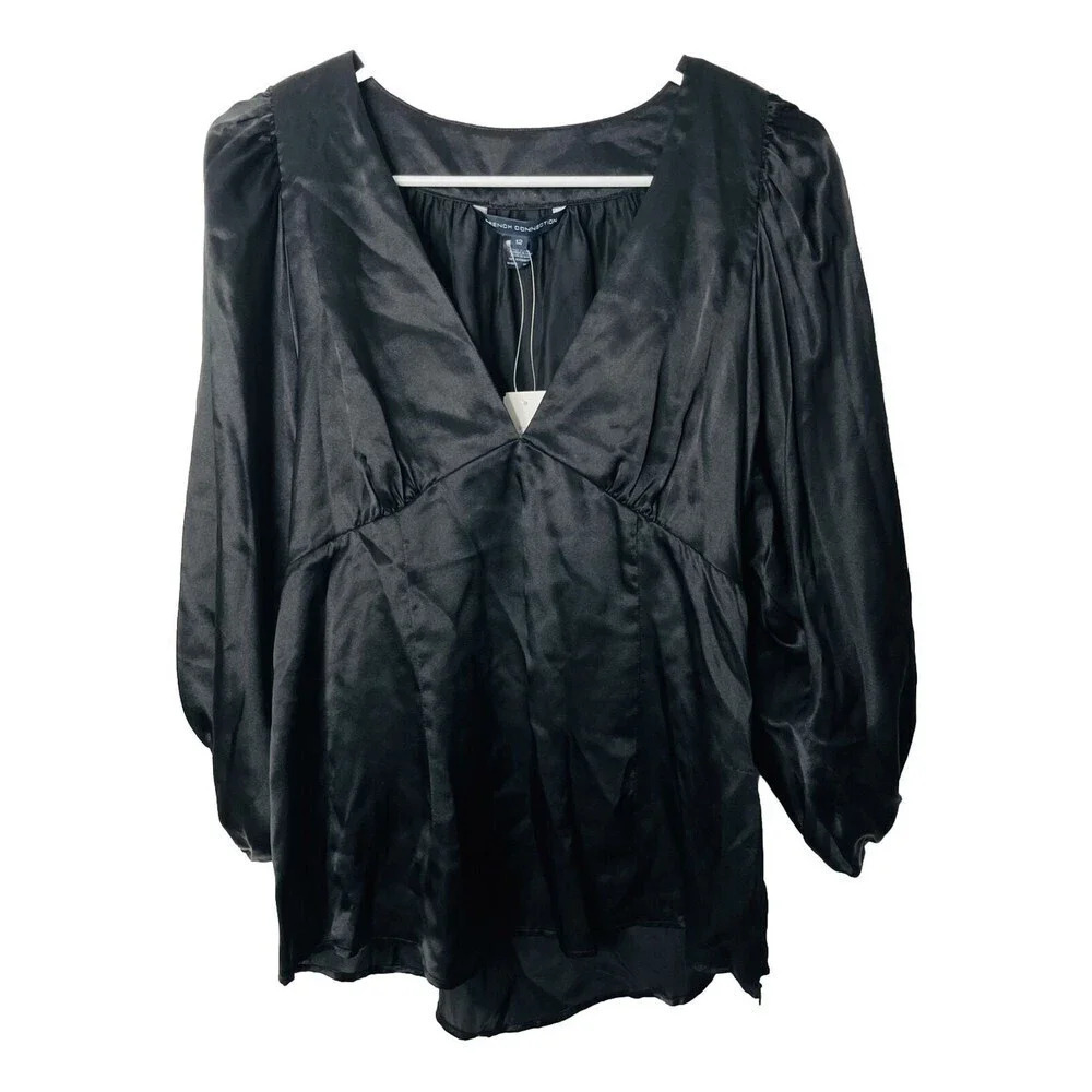 French Connection St. Ives Satin Silk Blouse Sz 12 Pleated V-Neck Witchy Sheer